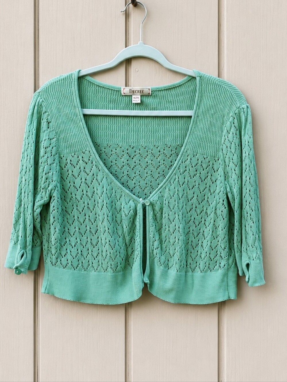 Decree Mint Green Pointelle Knit Cropped Cardigan XL USA 100% Cotton Cottagecore